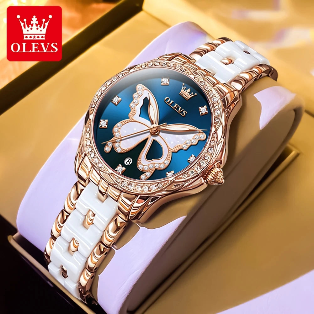 OLEVS Women's Watches Elegant Fashion Dress Original Quartz Wristwatch Butterfly Dial Ceramic Strap Waterproof Luminous Watch