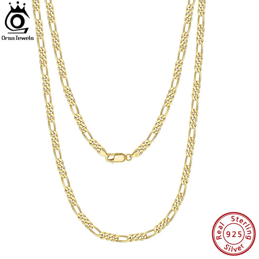 ORSA JEWELS Handmade Italian 3.3mm Diamond-Cut Figaro Chain Necklace 18K Gold over 925 Sterling Silver Men Woman Jewelry SC34