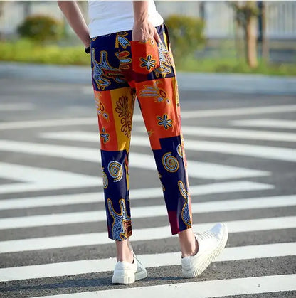 Summer New Cotton and Linen Pants Men's Printed Drawstring Ankle Length Pants Large Size S-6XL Male Slacks