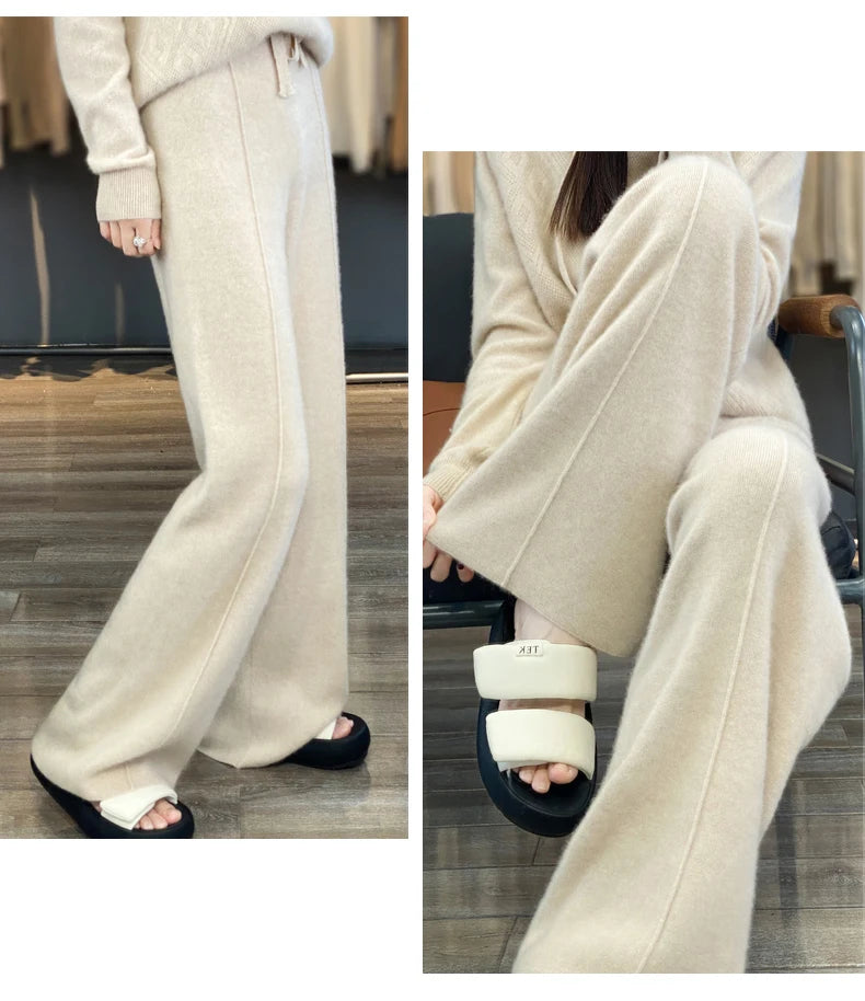 2023 autumn and winter new high-waisted wool mopping pants women's casual wide-leg pants hang out knitted woolen pants