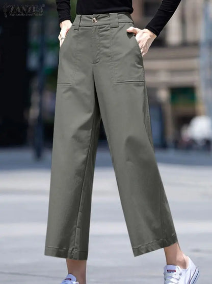 ZANZEA Women Straight Long Pants Casual Loose Wide Leg Trousers 2024 Summer High Waist Pantalons Holiday Solid Pockets Pants