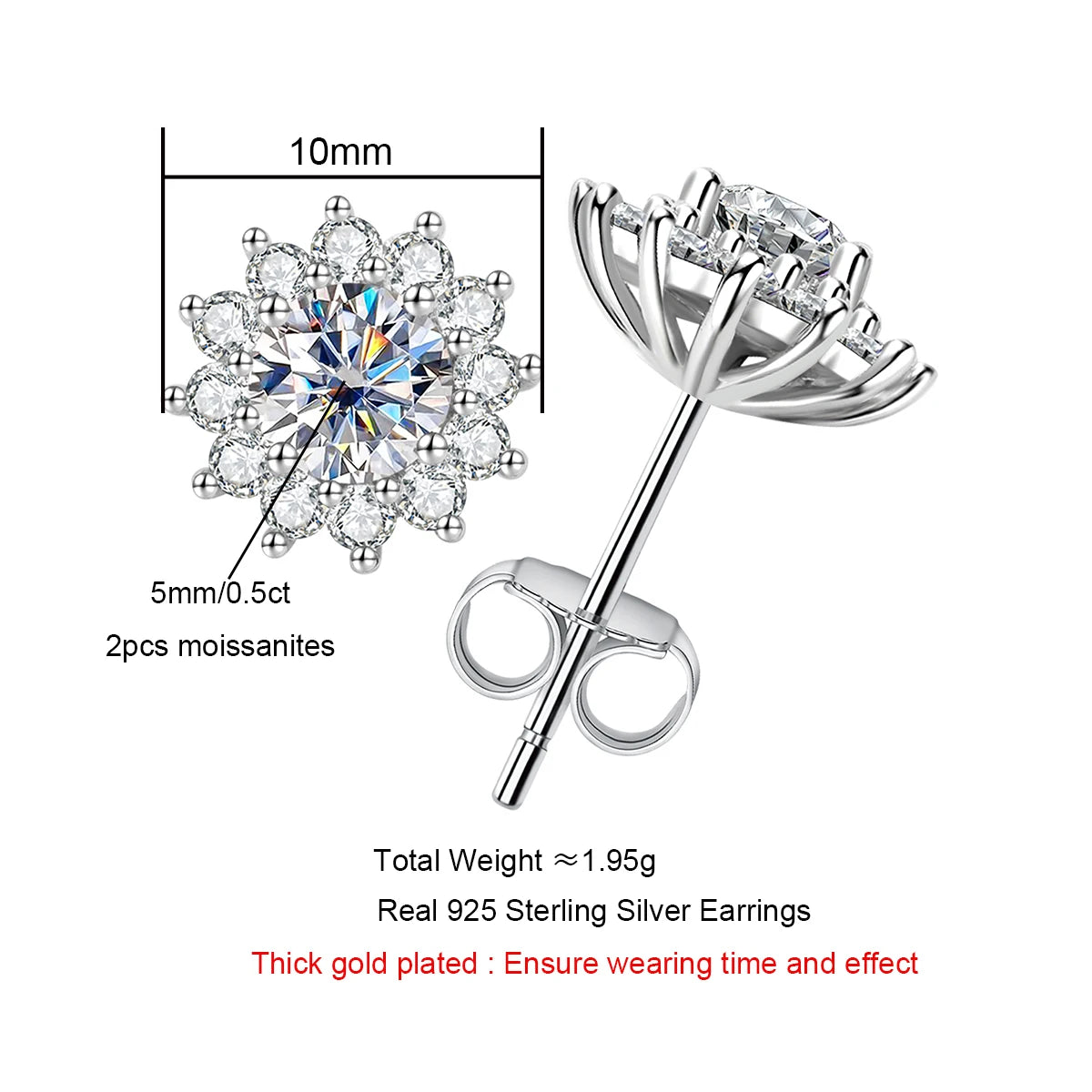 AnuJewel 1 Carat Total D Color Moissanite Diamond Sunflower Earrings For Women 925 Sterling Silver Stud Earrings Wholesale