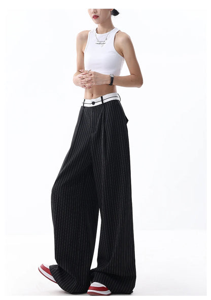 Korean Fashion Women Old Money Style Baggy Long Trousers Striped Vintage Irregular Design Loose Casual Pants 2000s Aesthetic New