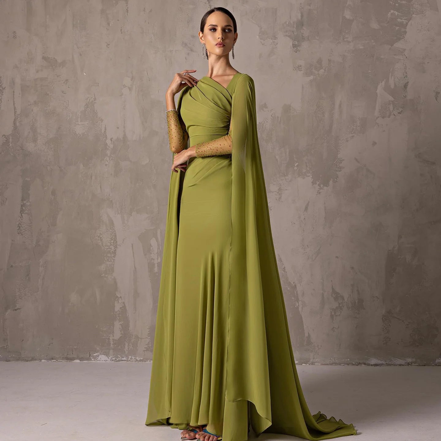 Sharon Said Custom Made Asymmetrical Sage Green Chiffon Arabic Evening Dress with Cape Sleeve For Women Wedding SF051 Customized