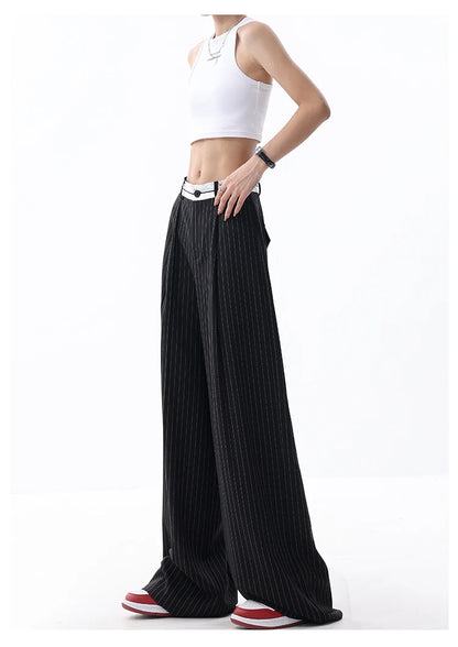 Korean Fashion Women Old Money Style Baggy Long Trousers Striped Vintage Irregular Design Loose Casual Pants 2000s Aesthetic New