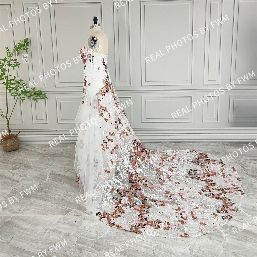 20058# Real Photos Colorful Flowers Embroidery Lace Wedding Dress Strapless Boho Low Back Customized Bridal Gown For Women 2024