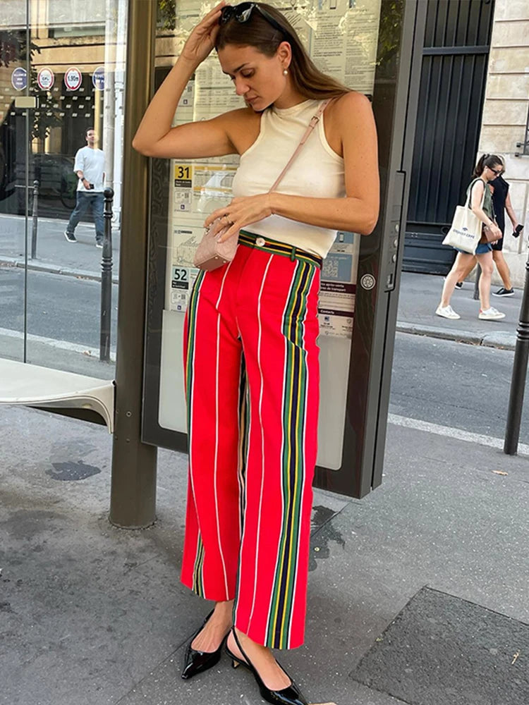 Women's Striped Straight Pants Colors Print Wide Trousers With Zipper Female Casual Pockets High Waist Pant 2024 New Commuting