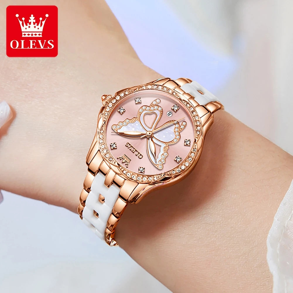 OLEVS 5610 Women's Watches Diamond Butterfly Design Dial Ceramic Strap Waterproof New Fashion Young Girl's Watches Set Gift