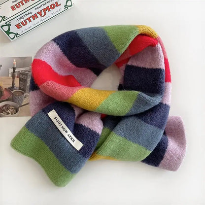 Rainbow Stripes Mohair Scarf Men And Women In Winter Colour Blocking Stripes Wool Short Scarf Students Warm Short Scarf