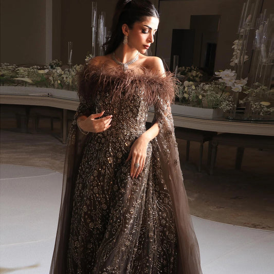 Sharon Said Off Shoulder Luxury Feather Brown Evening Dress with Cape Sleeve Navy Blue Women Wedding Party Gown SS135 Customized