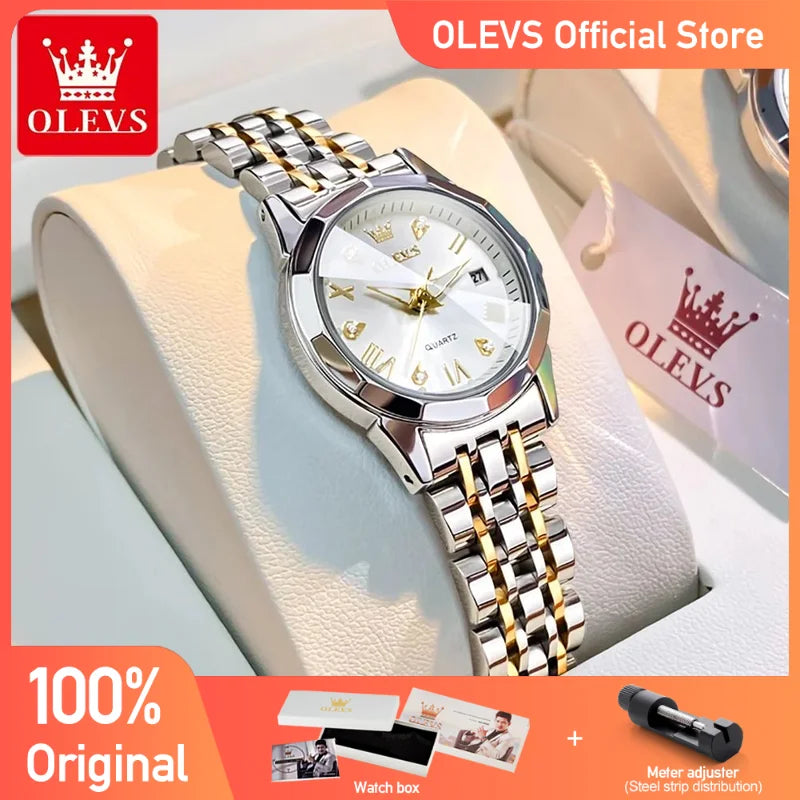 OLEVS Top Brand Women's Watches Elegant Rhombus Mirror Original Quartz Ladies Wristwatch Stainless Steel Waterproof Luminous New