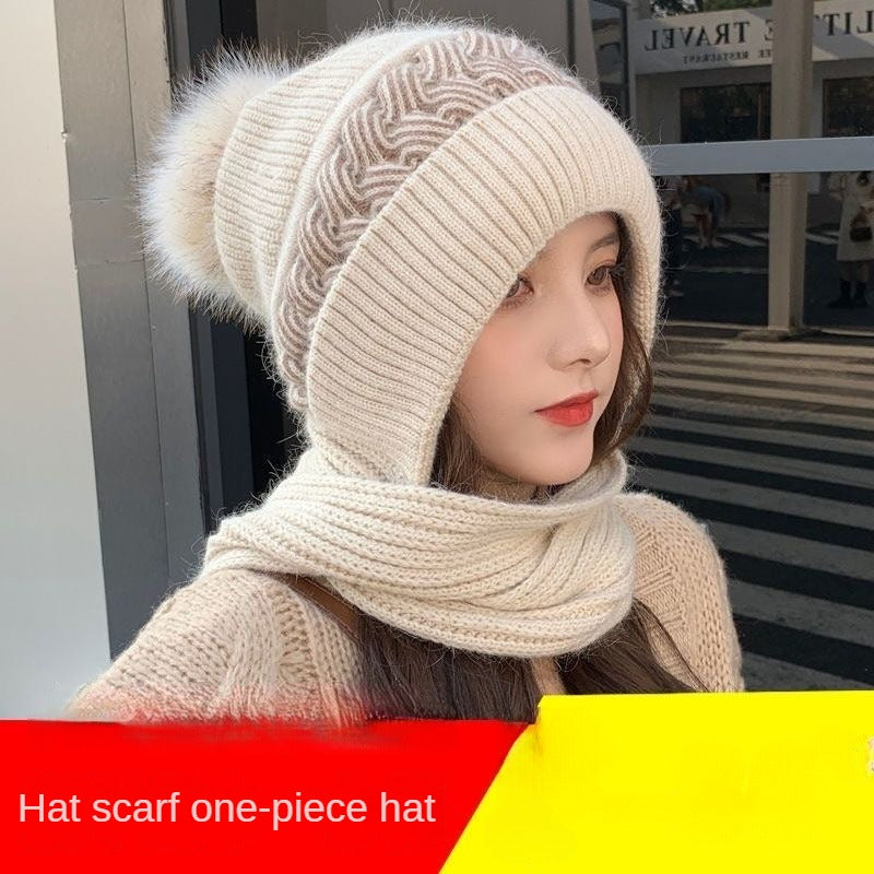 Hat Scarf All-in-one Female Winter Warm Rabbit Hair Knitted Cap Cycling Ear Protection Padded Cute Cold-proof Neck Cap