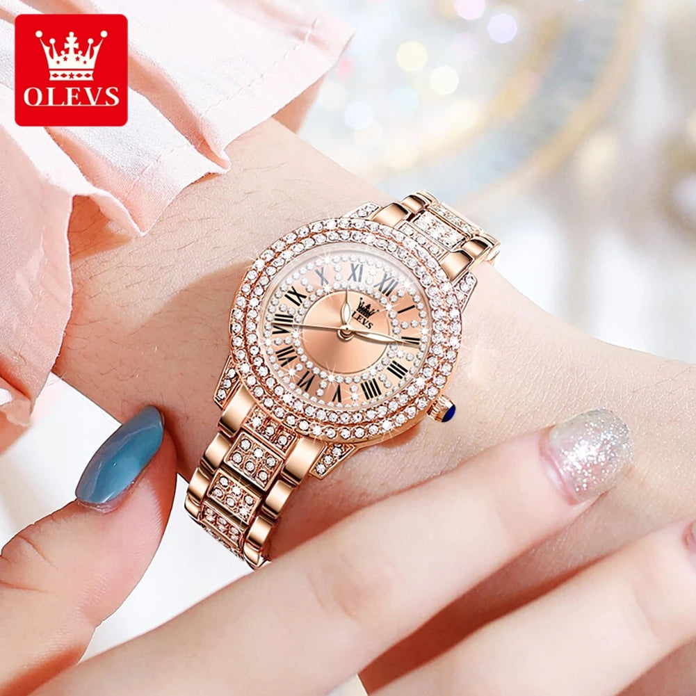 OLEVS Full Diamond Roman Dial Watch Women Luxury Elegant Stainless steel Waterproof High Quality Quartz Women's Watches 9943