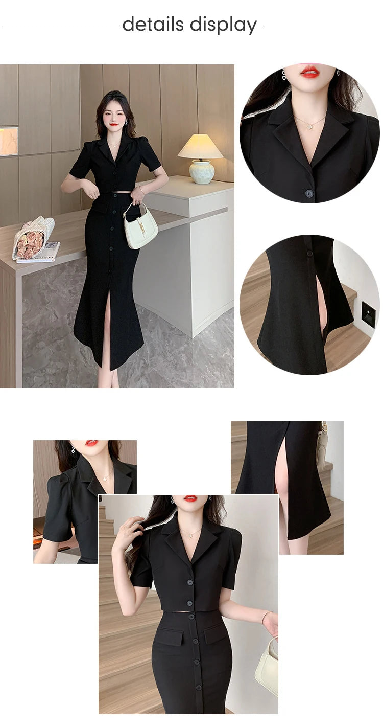 Elegant Formal 2 Pieces Outfits Women Professional Cropped Short Tops Shirt Blouse Slit Midi Skirt Sets Mujer Business Clothes