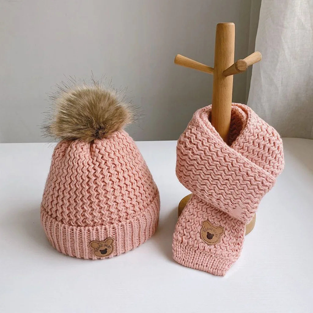 Autumn And Winter Children's Hats Scarves Two-piece Set Plush Insulation Knitted Hat Set Little Bear Wool Hat