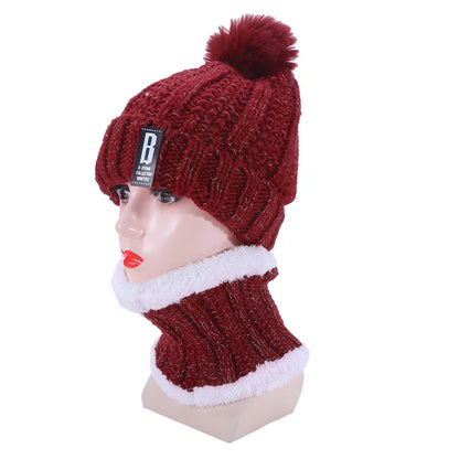 Warm Winter Skullies Beanies Knitted Hat Women Brand High Quality Winter Women Ball Ski Wool Fur Hat Pompoms Hats Knitted Scarf