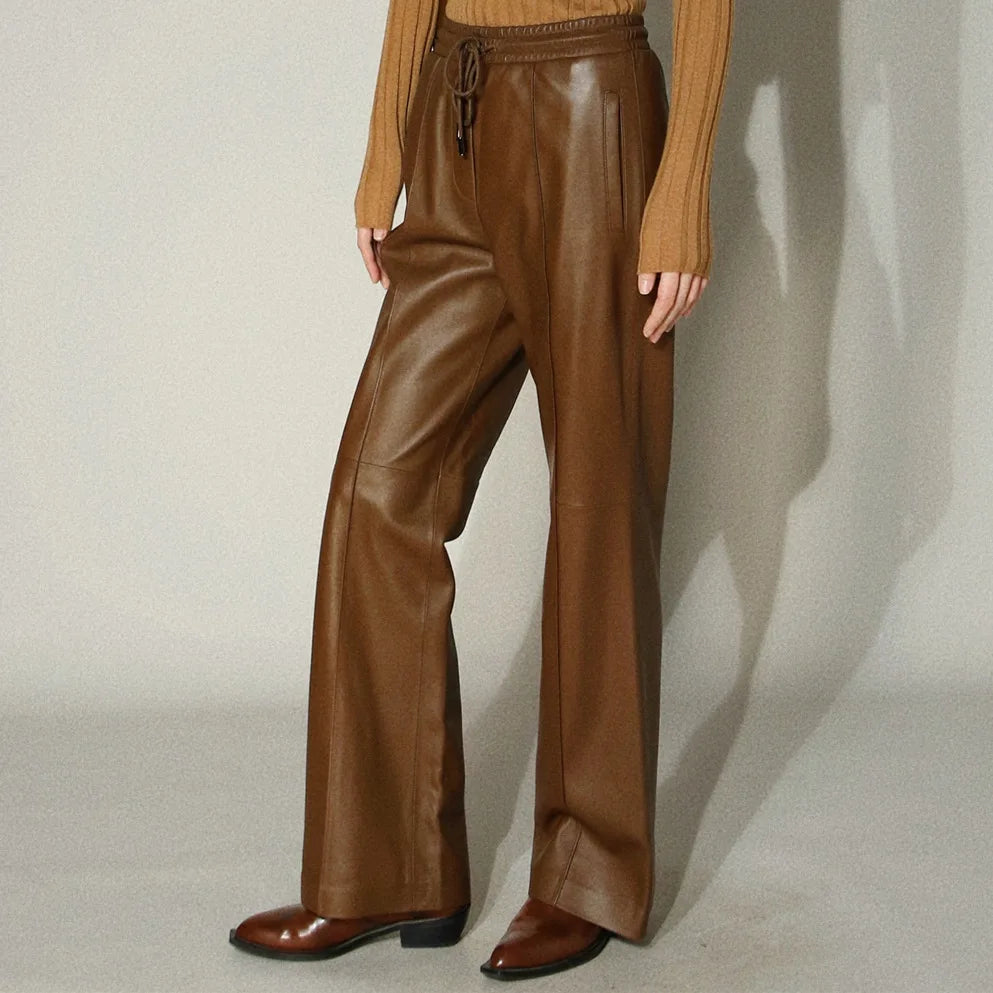 Leather Long Pants Women New Commuter Elastic Waist Drawstring Slim Sheepskin Wide Leg Full Length Straight Cylinder Trousers