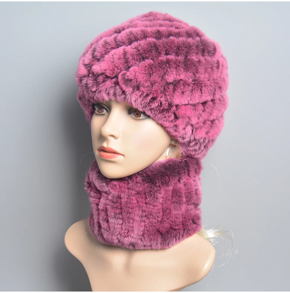 Women Knit Real Rex Rabbit Fur Hat Scarf Sets Natural Warm Rex Rabbit Fur Scarves Hat Winter Lady Real Rex Rabbit Fur Hat Scarf