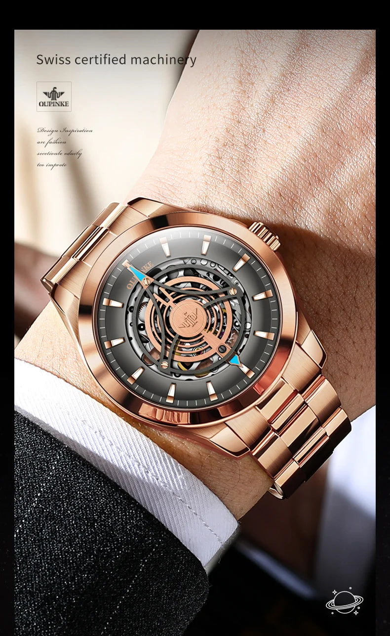 OUPINKE 3206 Automatic Men's Watches Fashion Hollow Skeleton Luxury Original Mechanical Wristwatch Top Sapphire Mirror Man Watch