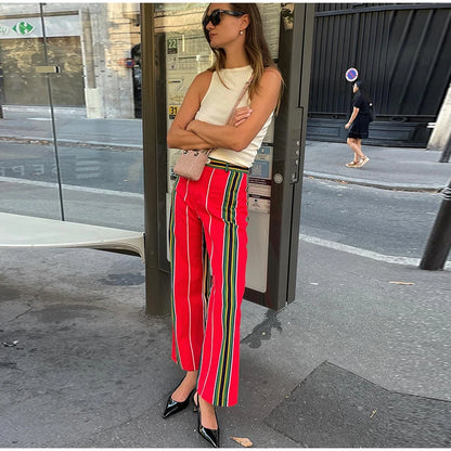 Women's Striped Straight Pants Colors Print Wide Trousers With Zipper Female Casual Pockets High Waist Pant 2024 New Commuting