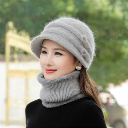 Women Winter Hat Keep Warm Cap Add Fur Lined CAPS And Scarf Set Warm For Female Casual Rabbit Fur Winter Knitted Bonnet