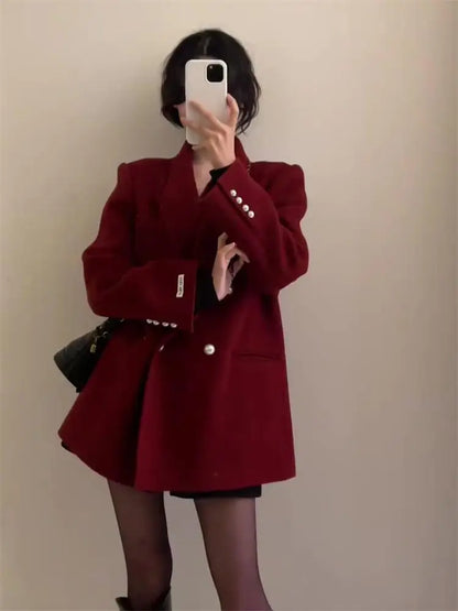 2024 Autumn and Winter New Year Christmas Women's Suit Jacket High-end Right Shoulder Temperament Socialite Red  Blazer Top