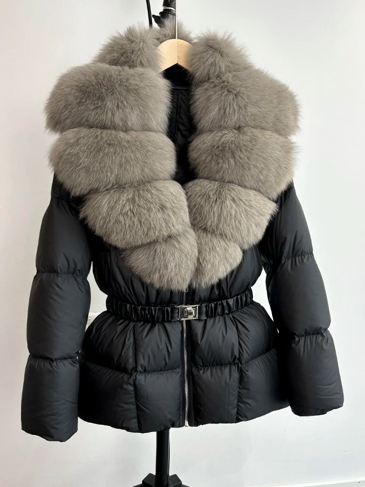 Janveny Super Big Real Fox Fur Winter Women 90% White Duck Down Jacket 2024 Ladies Slim Warm Puffer Coat Female Thick Parkas