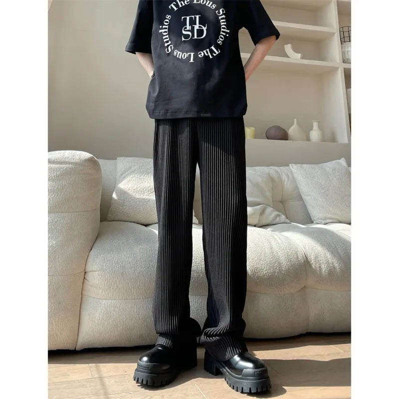 Summer Pleated Pants Men Oversized Fashion Casual Ice Silk Pants Men Streetwear Hip Hop Loose Wide Leg Pants Mens Trousers S-2XL