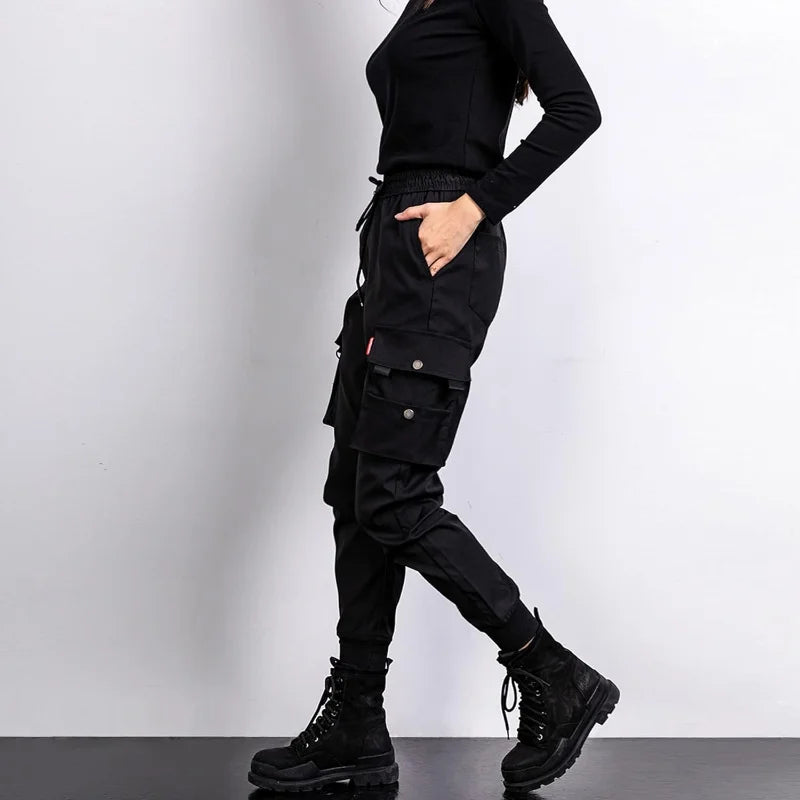 Y2K Black Cargo Pants for Women Hip Hop Big Pocket Joggers Sports Sweatpants Female Fashion Streetwear Casual Ankle Banded Pants