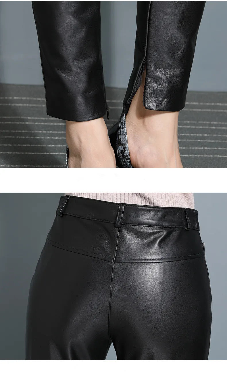 Leather Pants, Women's Slimming Small Leg Sheepskin Pencil Pants, Spring And Autumn, Leather Leggings ,Slim Leather Pants 4XL