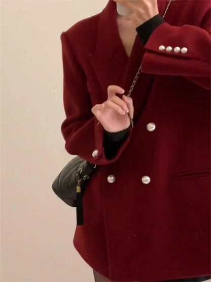 2024 Autumn and Winter New Year Christmas Women's Suit Jacket High-end Right Shoulder Temperament Socialite Red  Blazer Top