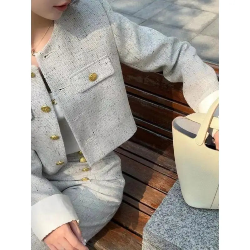 Women's Winter Fragrance Short Woolen Suit Wide-leg Pants Set Retro Casual Metal Button Crewneck Jacket Trousers Two-piece