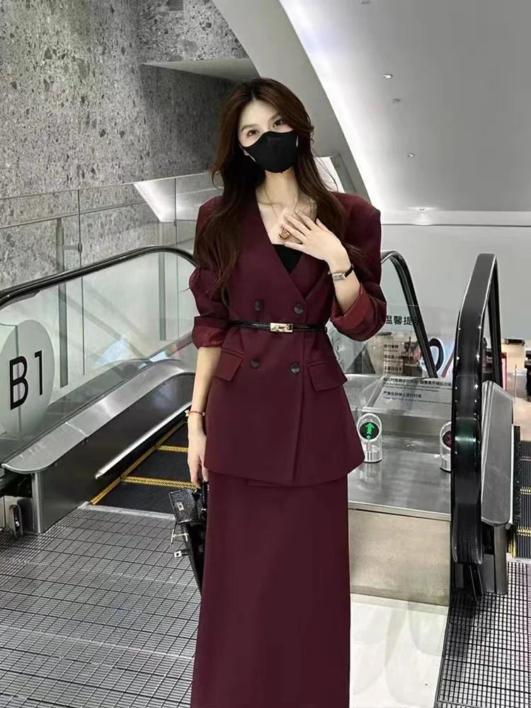 Korean Fashion Elegant Women Blazer Skirts Suit Casual Business Formal Suit Jackets Midi Saya 2 Pieces Set Female Chic Clothes