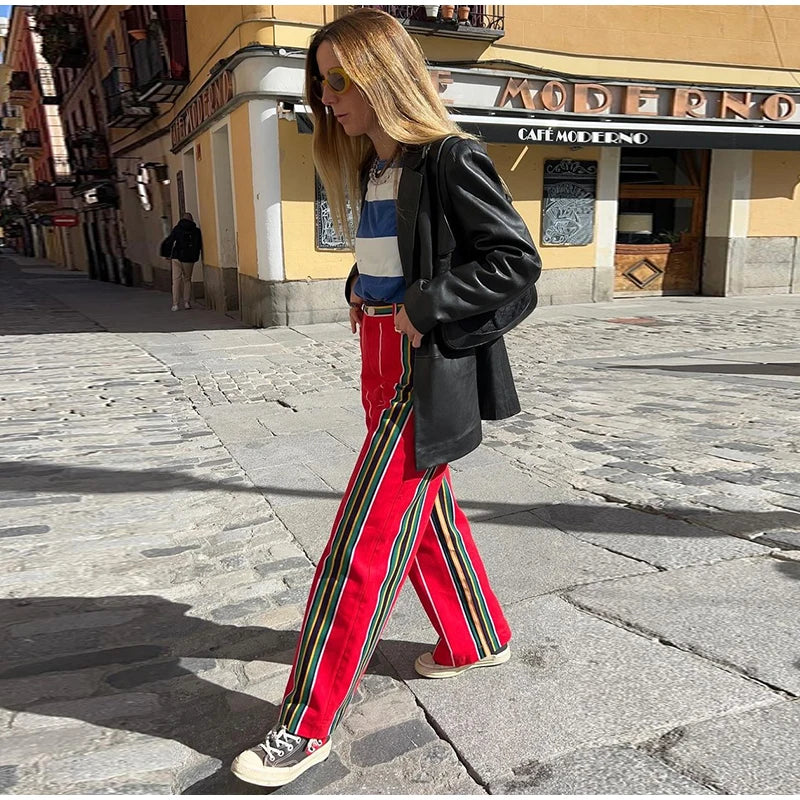 Women's Striped Straight Pants Colors Print Wide Trousers With Zipper Female Casual Pockets High Waist Pant 2024 New Commuting