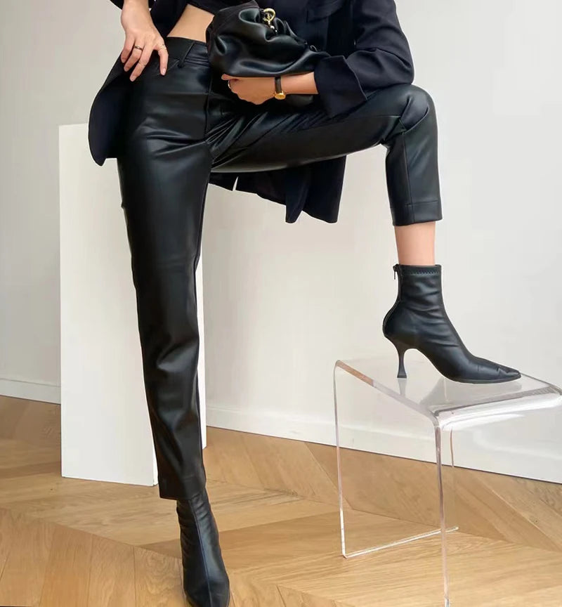 Women Leather Tight Trousers New Minimalist High Waisted Diagonal Pocket Long Pants Slim Straight Tube Pantalones Customer Color