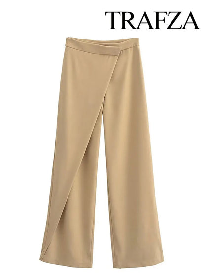 TRAFZA Women Fashion Khaki Elegant Loose Wide Leg Pants Casual Vintage High Waisted Side Zipper Female Long Trousers Streetwear