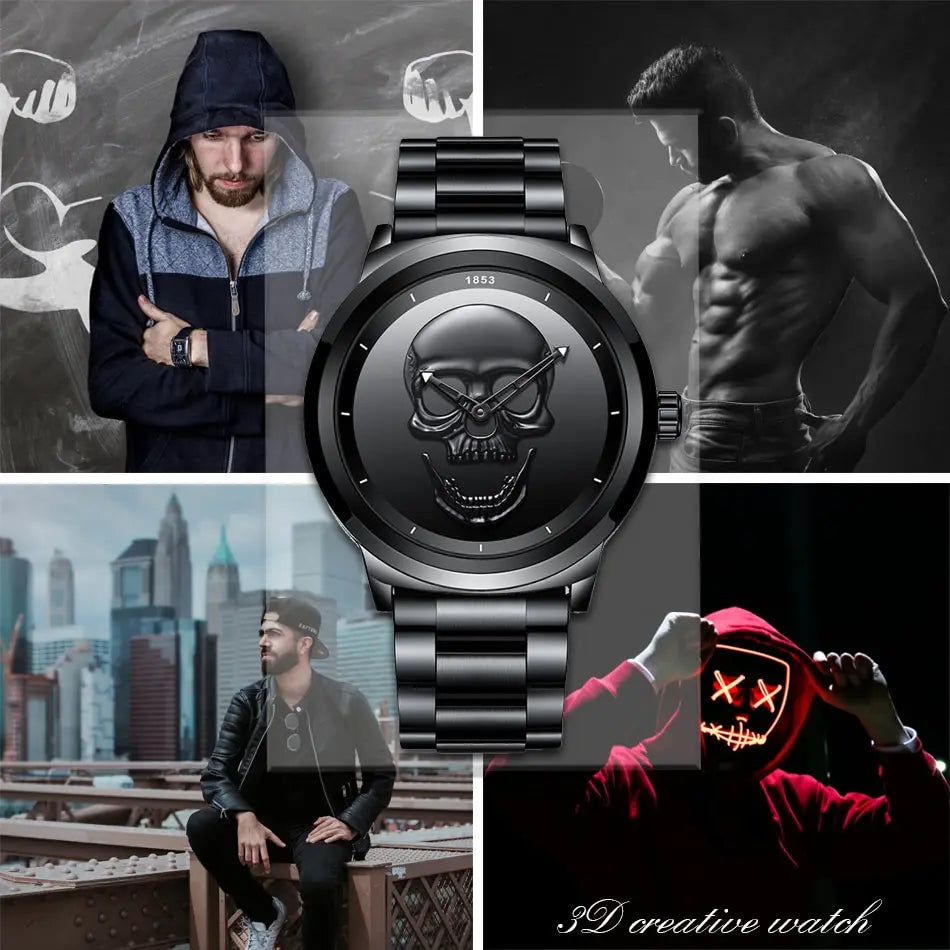 LIGE Top Brand 3D Skull Man Watch Fashion Creative Stainless Steel Quartz Watchs for Men Fashion Business Waterproof Male Clocks