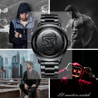 LIGE Top Brand 3D Skull Man Watch Fashion Creative Stainless Steel Quartz Watchs for Men Fashion Business Waterproof Male Clocks