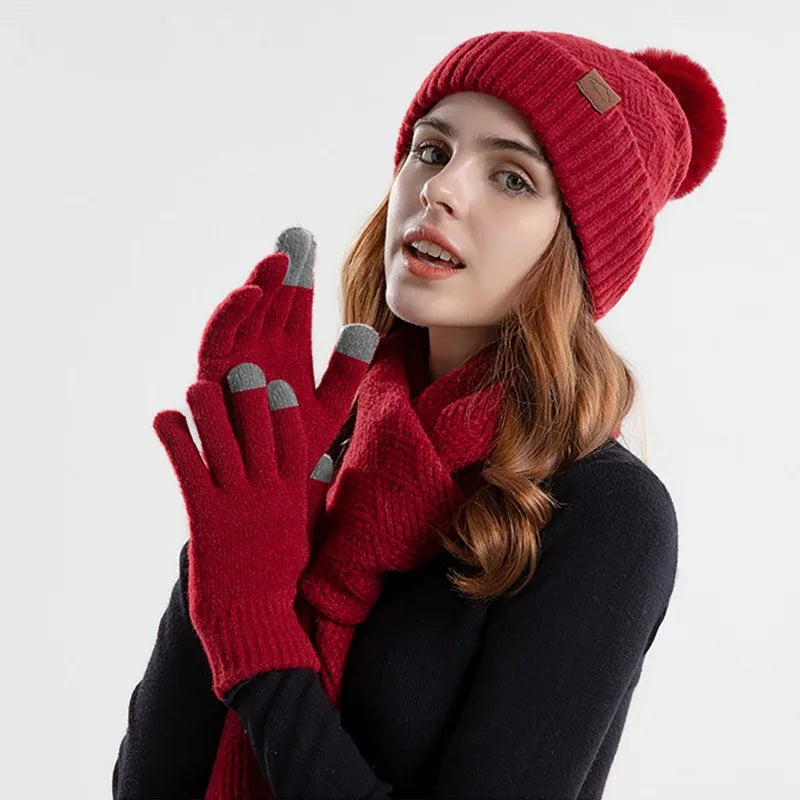 3pcs/set Winter Beanie Hat Scarf Touchscreen Gloves Set for Women Warm Knit Fleece Lined Hat Set Leather Label Fur Ball Cap