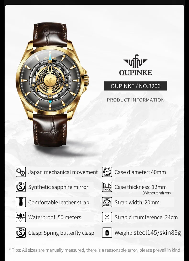 OUPINKE 3206 Automatic Men's Watches Fashion Hollow Skeleton Luxury Original Mechanical Wristwatch Top Sapphire Mirror Man Watch