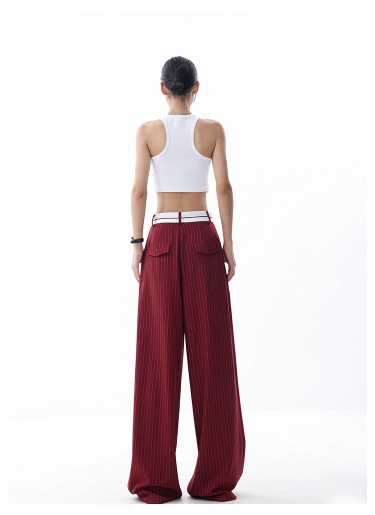 Korean Fashion Women Old Money Style Baggy Long Trousers Striped Vintage Irregular Design Loose Casual Pants 2000s Aesthetic New