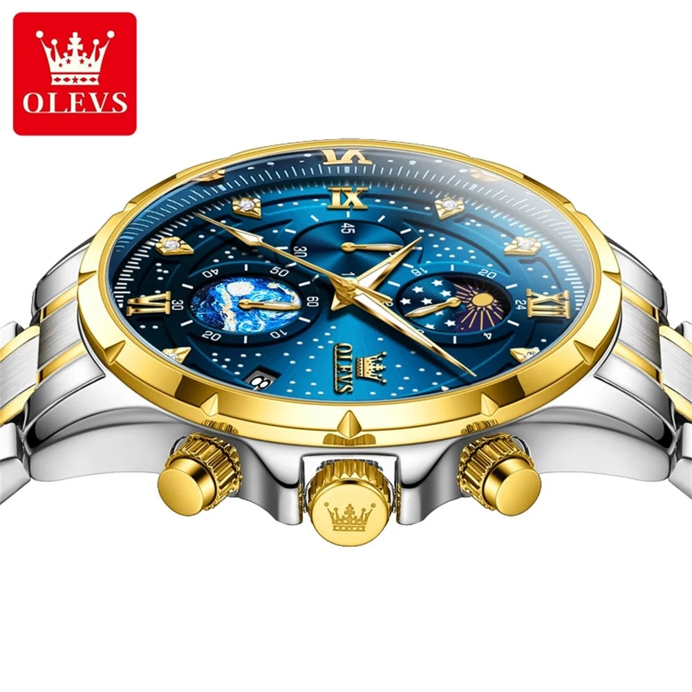 OLEVS 9807 New Man Watch Starry Sky Moon Phase Chronograph Waterproof Luminous Auto Date Hand Clock Luxury Quartz Watch for Men