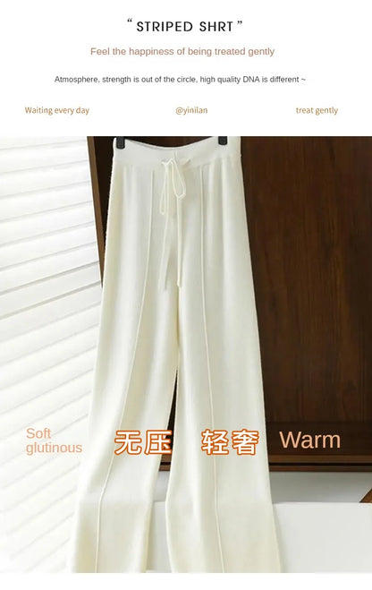 2023 autumn and winter new high-waisted wool mopping pants women's casual wide-leg pants hang out knitted woolen pants