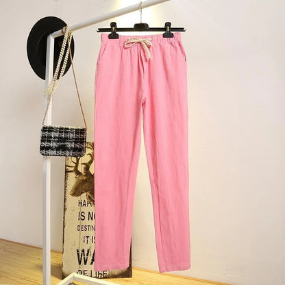 2023 Cotton Linen Women Pants Spring Summer Green Harem Pants Solid Elastic Waist Harem Trousers Soft High Quality Women's Pants