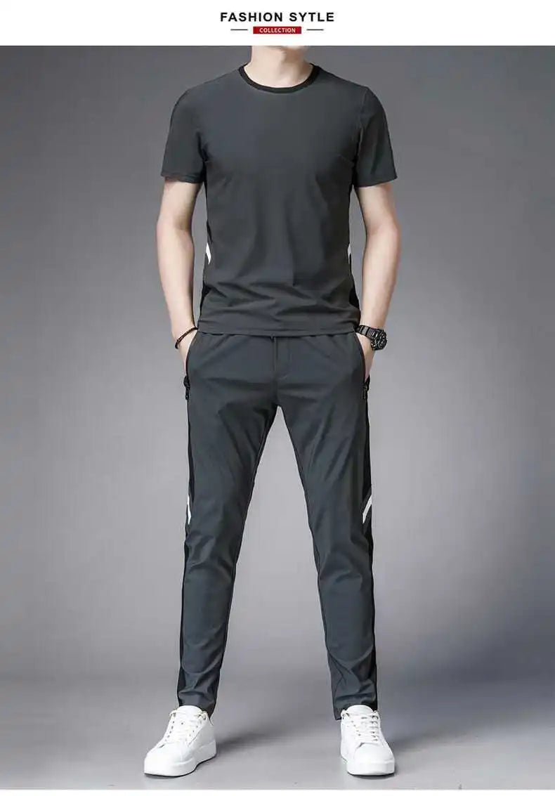 Men's Top Pants Sets Fashion Sports Suits Kpop Sweatpants Xl Clothing Cool No Logo Man T Shirt Polyester Slim Fit Chic Tracksuit