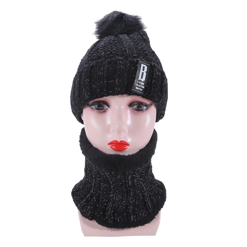 Warm Winter Skullies Beanies Knitted Hat Women Brand High Quality Winter Women Ball Ski Wool Fur Hat Pompoms Hats Knitted Scarf