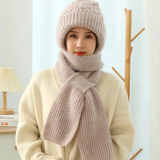 New Plush Hat And Scarf All In One Knitted Women Winter Warm Hat Scarf Hooded Ear Protection Outdoor Ski Female Beanie Cap