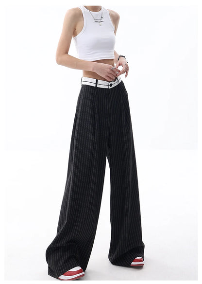 Korean Fashion Women Old Money Style Baggy Long Trousers Striped Vintage Irregular Design Loose Casual Pants 2000s Aesthetic New