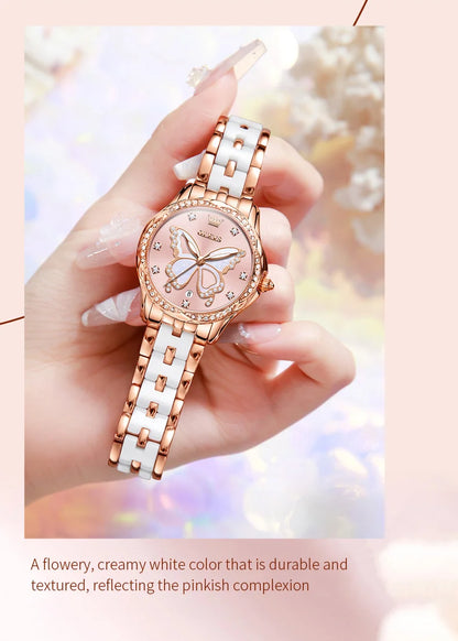 OLEVS Women's Watches Elegant Fashion Dress Original Quartz Wristwatch Butterfly Dial Ceramic Strap Waterproof Luminous Watch