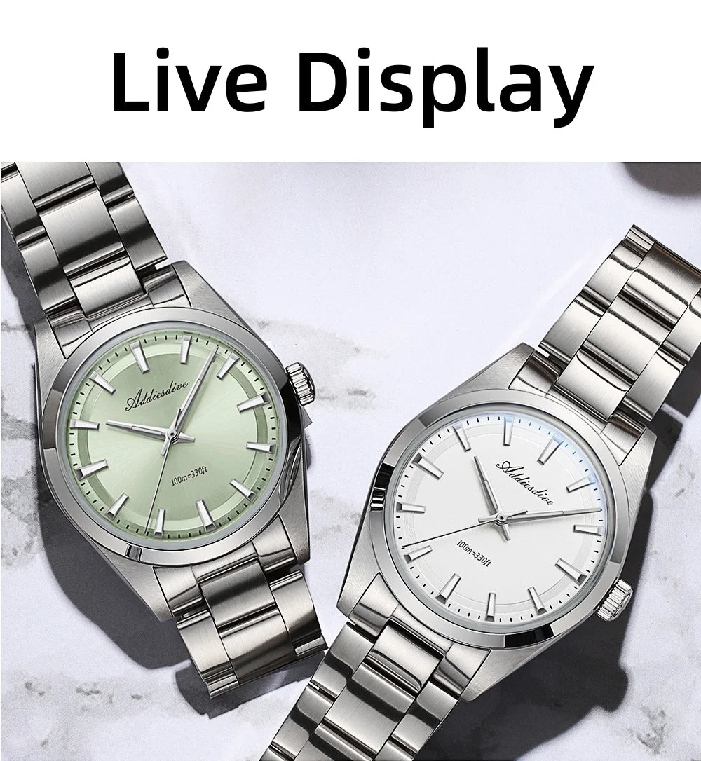 ADDIESDIVE 36mm Luxury Man Watch VH31 BGW9 Super Luminous 316L Stainless Steel Bubble Mirror Glass 100m Waterproof Quartz Watch